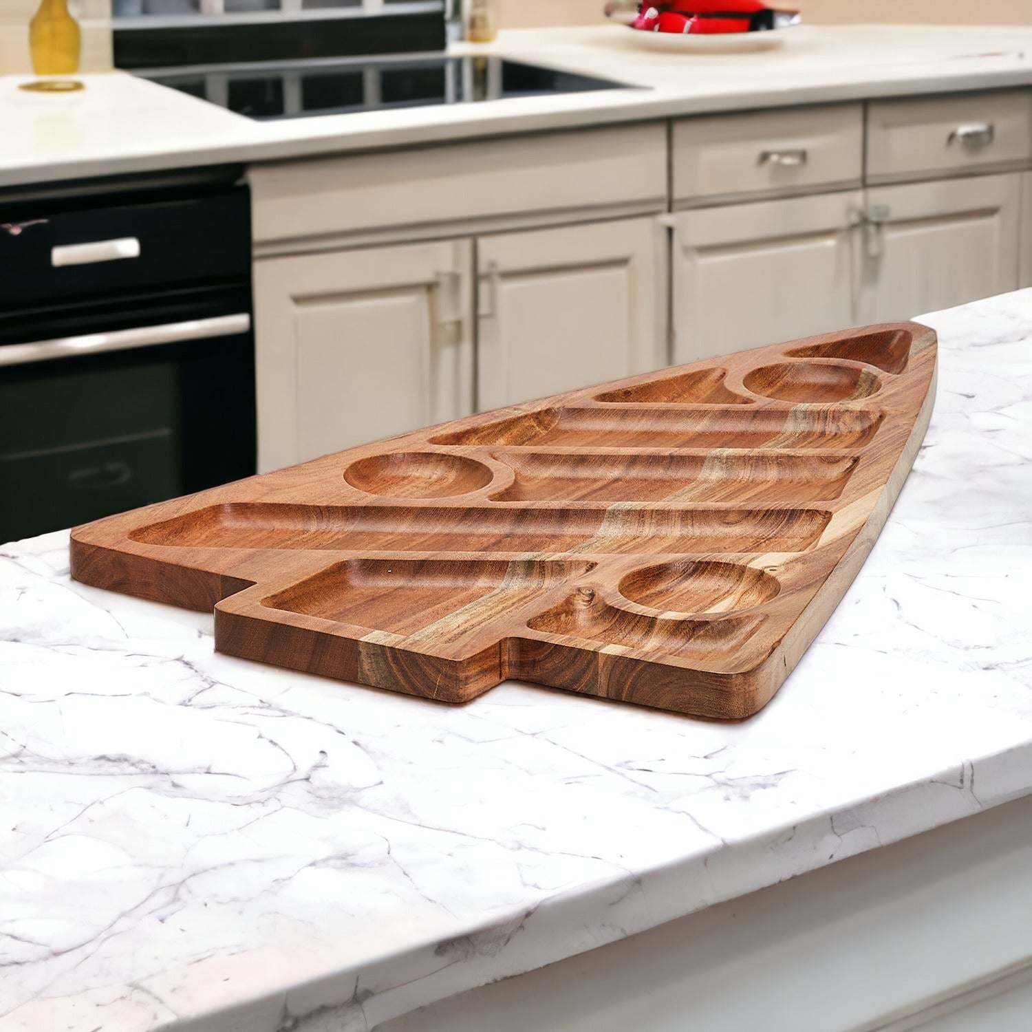 Oversized acacia wood Christmas tree charcuterie board with divided serving sections