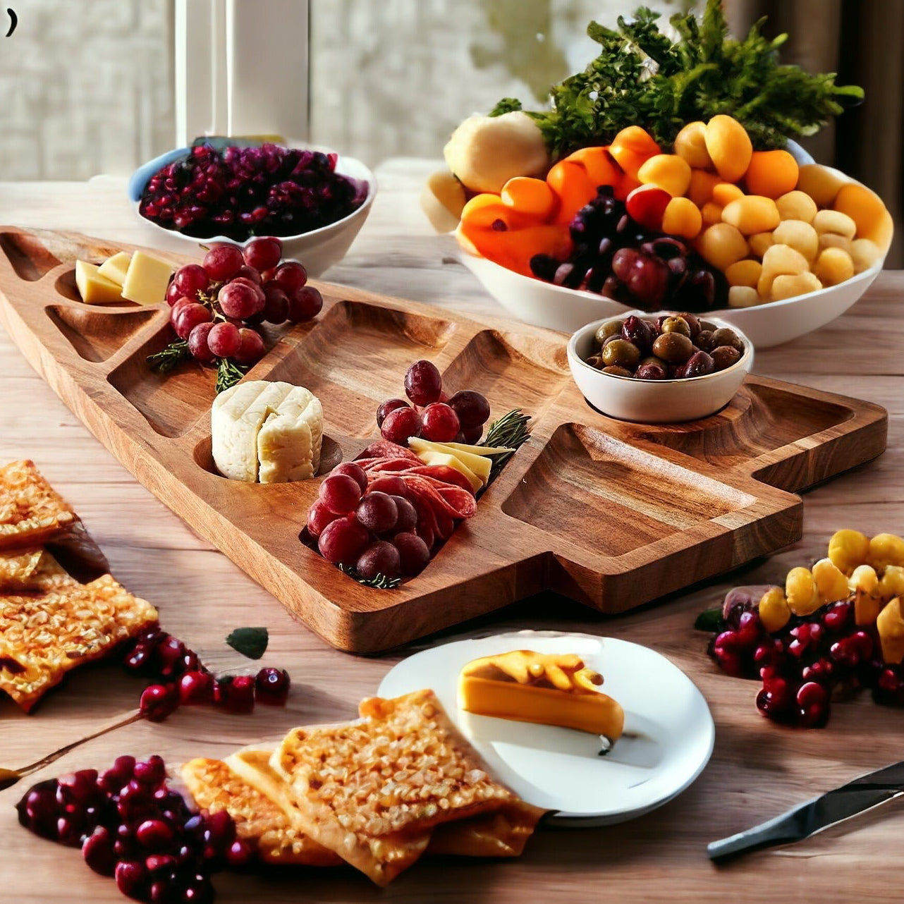 Acacia wood holiday charcuterie board shaped like a Christmas tree