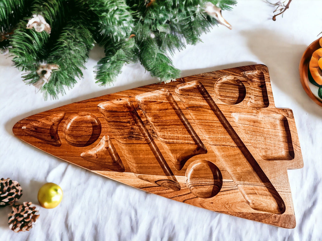 Handcrafted wooden Christmas tree serving board for holiday entertaining