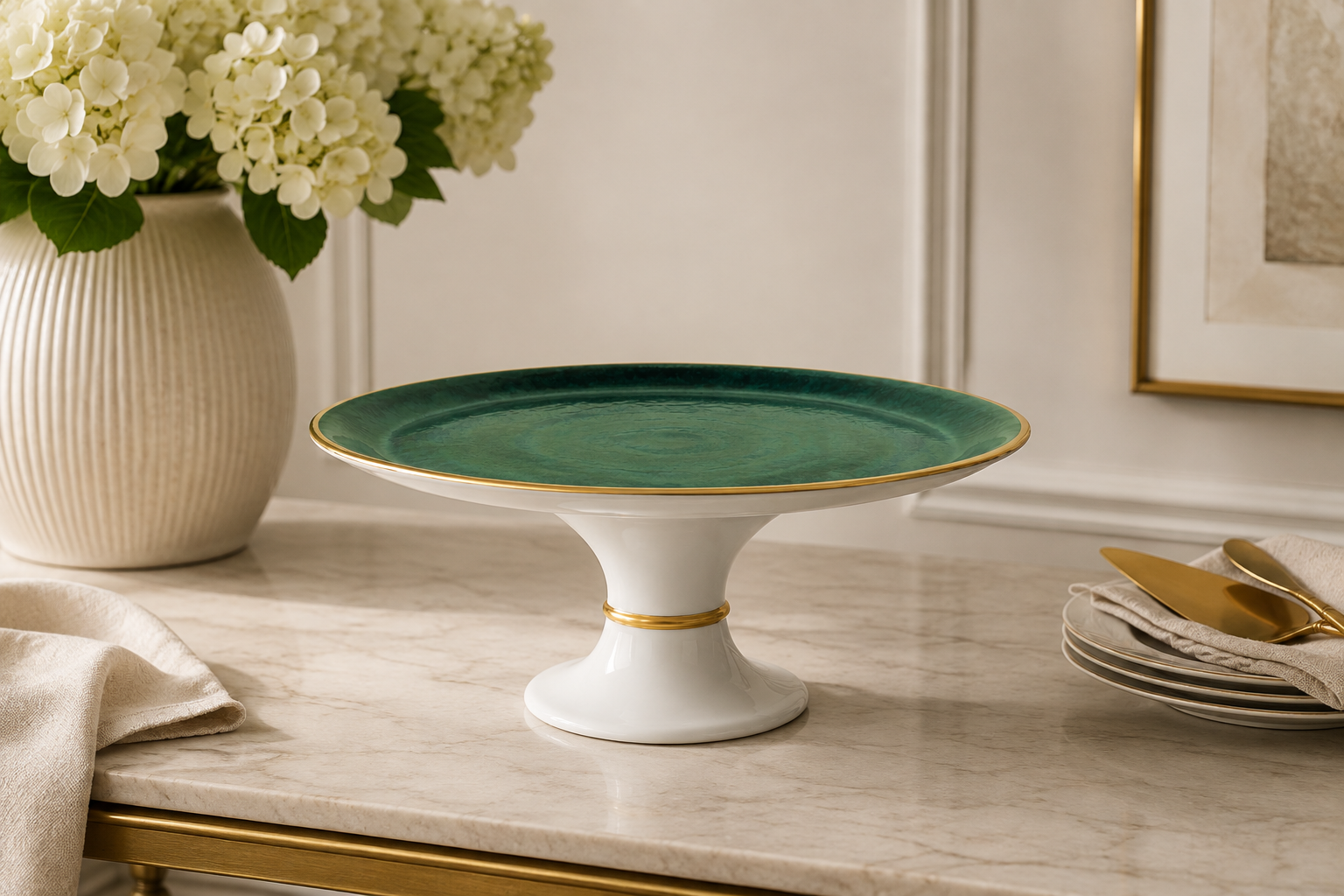   Forest green and gold pedestal cake stand styled in an elegant neutral dining room