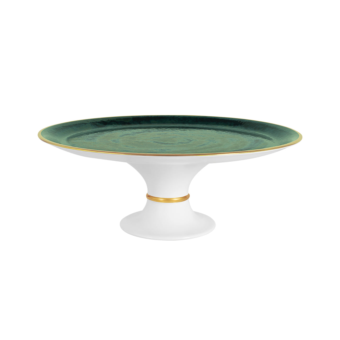 Forest green ceramic cake stand with white pedestal base and gold trim
