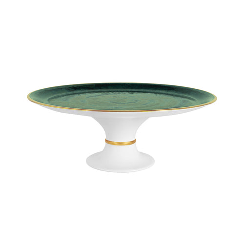 Forest green ceramic cake stand with white pedestal base and gold trim