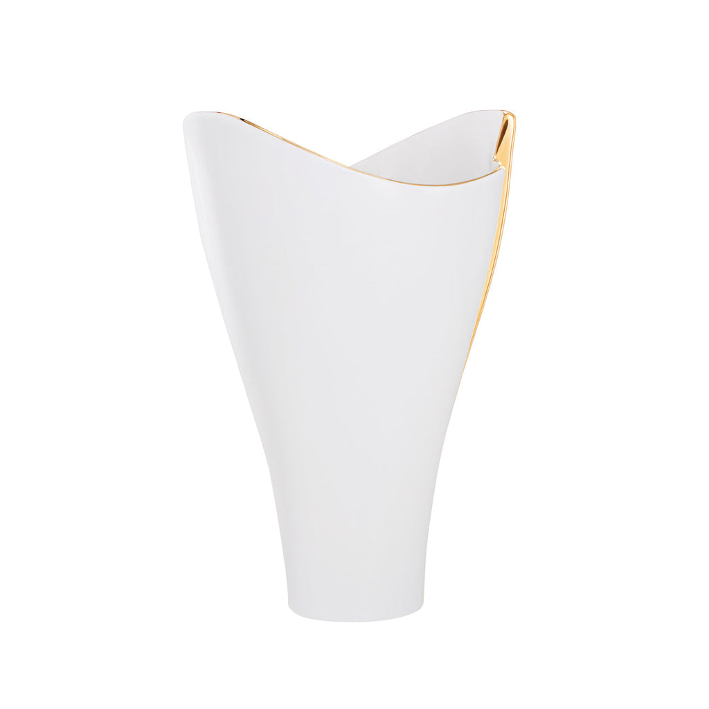  Modern white porcelain vase with delicate gold trim on a clean white background