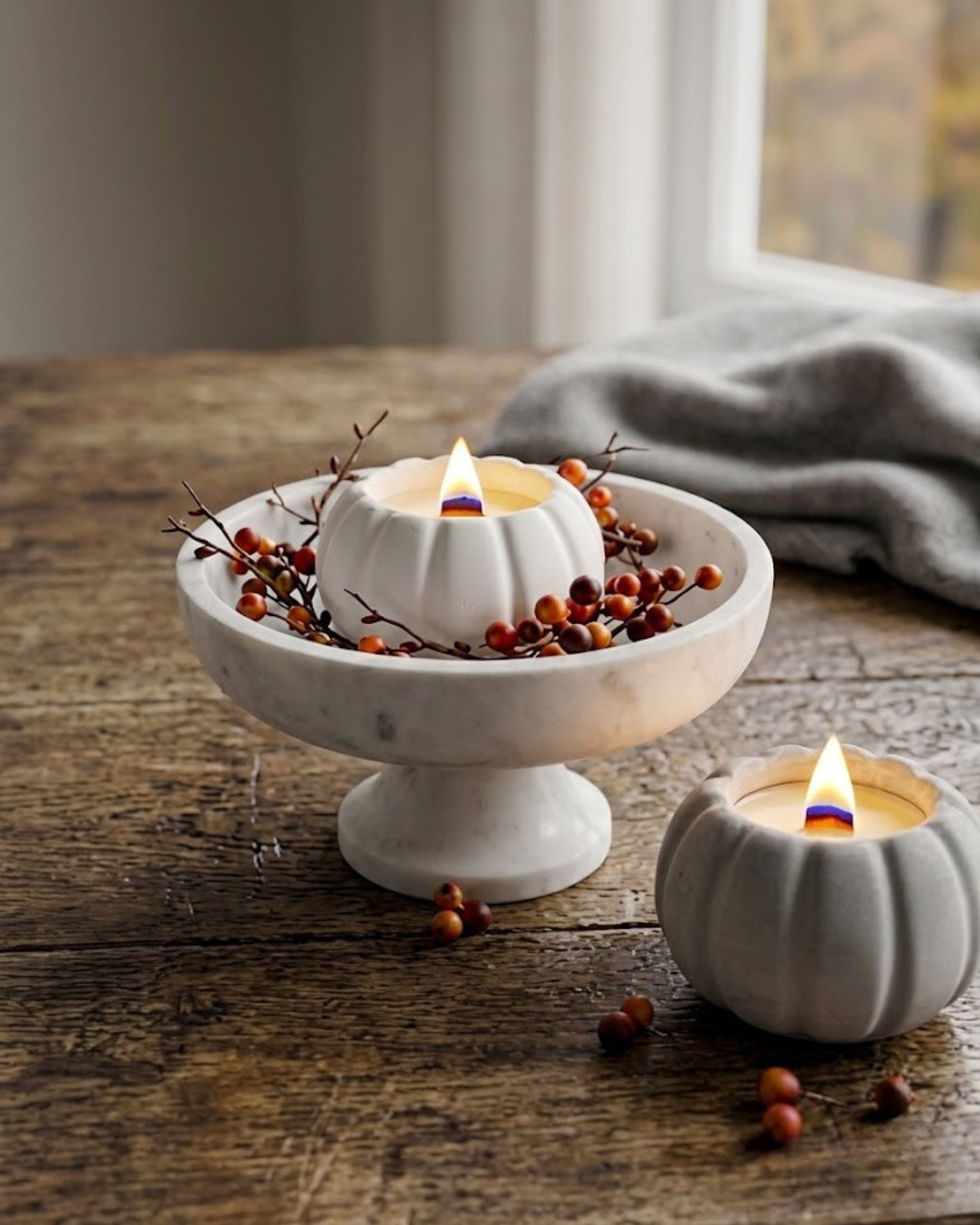 White and gray pumpkin shaped candle jars with lit candles in an elegant neutral autumn display