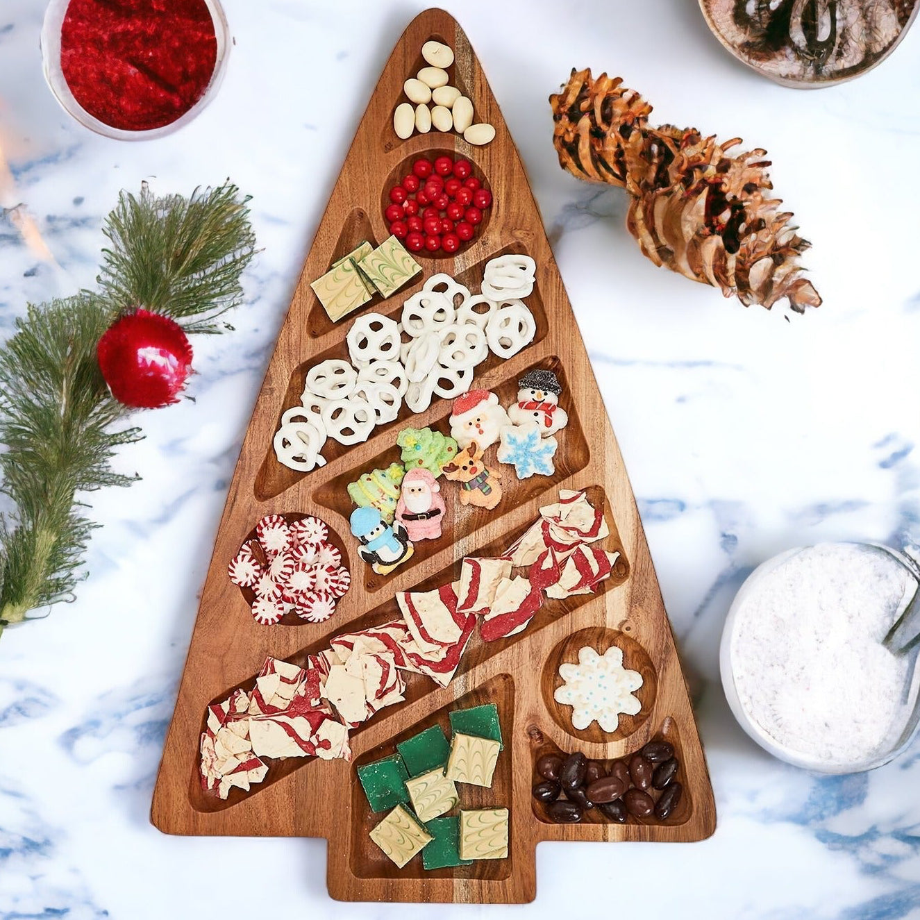 Christmas tree snack serving tray with recessed sections for treats and appetizers