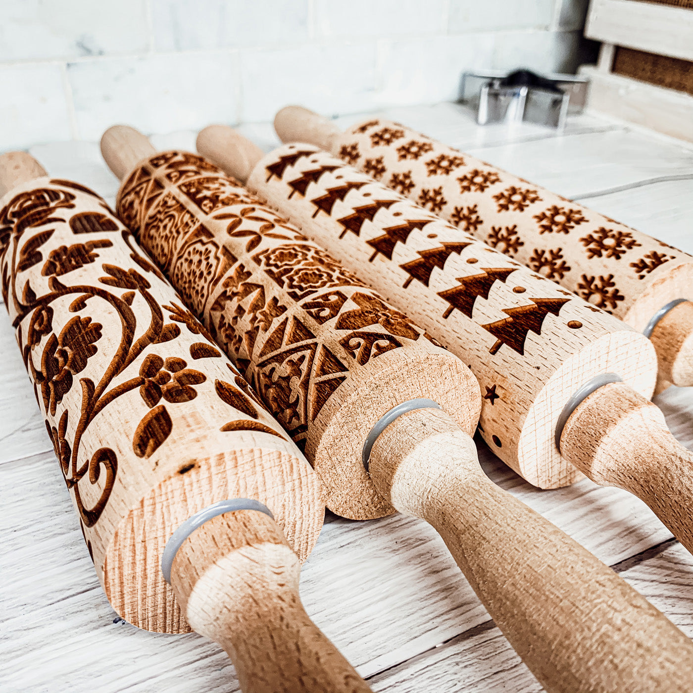 Wooden spring bunny embossed rolling pin for Easter baking and cookies