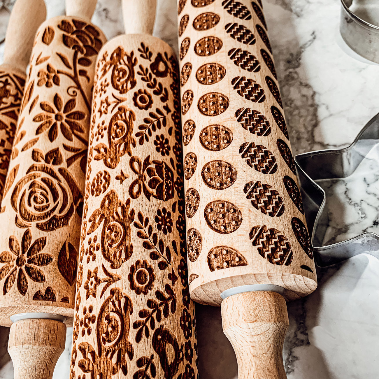 Wooden spring bunny embossed rolling pin for Easter baking and cookies