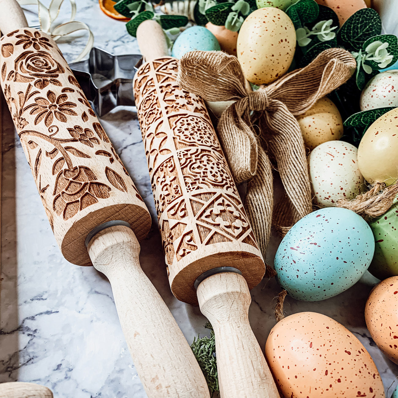 Wooden spring bunny embossed rolling pin for Easter baking and cookies