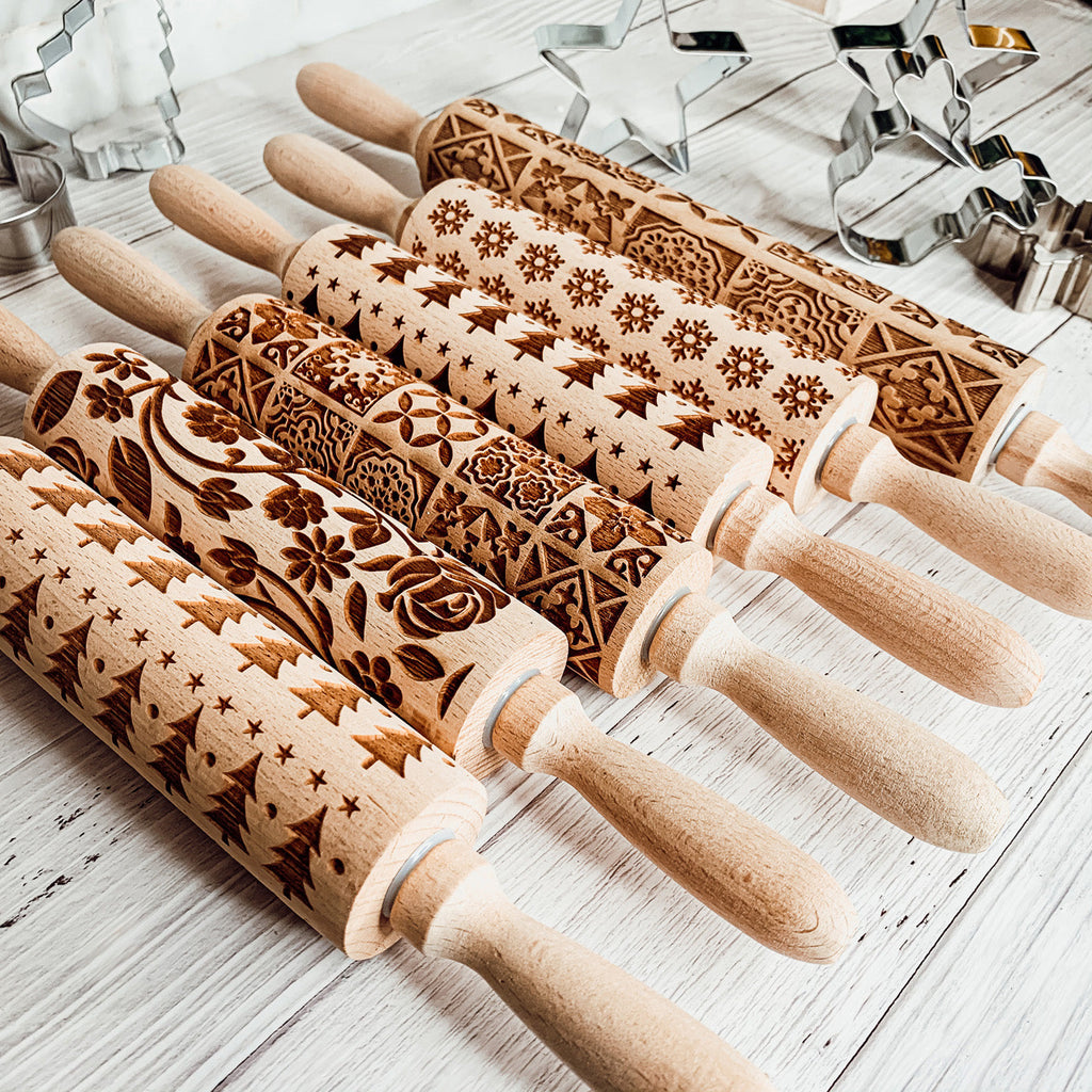 Wooden spring bunny embossed rolling pin for Easter baking and cookies