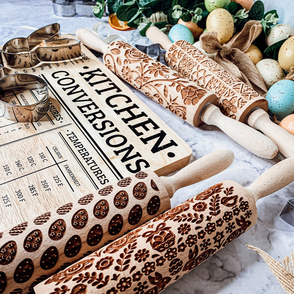 Wooden spring bunny embossed rolling pin for Easter baking and cookies