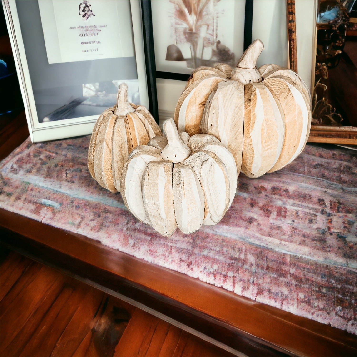 Ivory rustic wooden pumpkin trio for elegant fall home decor