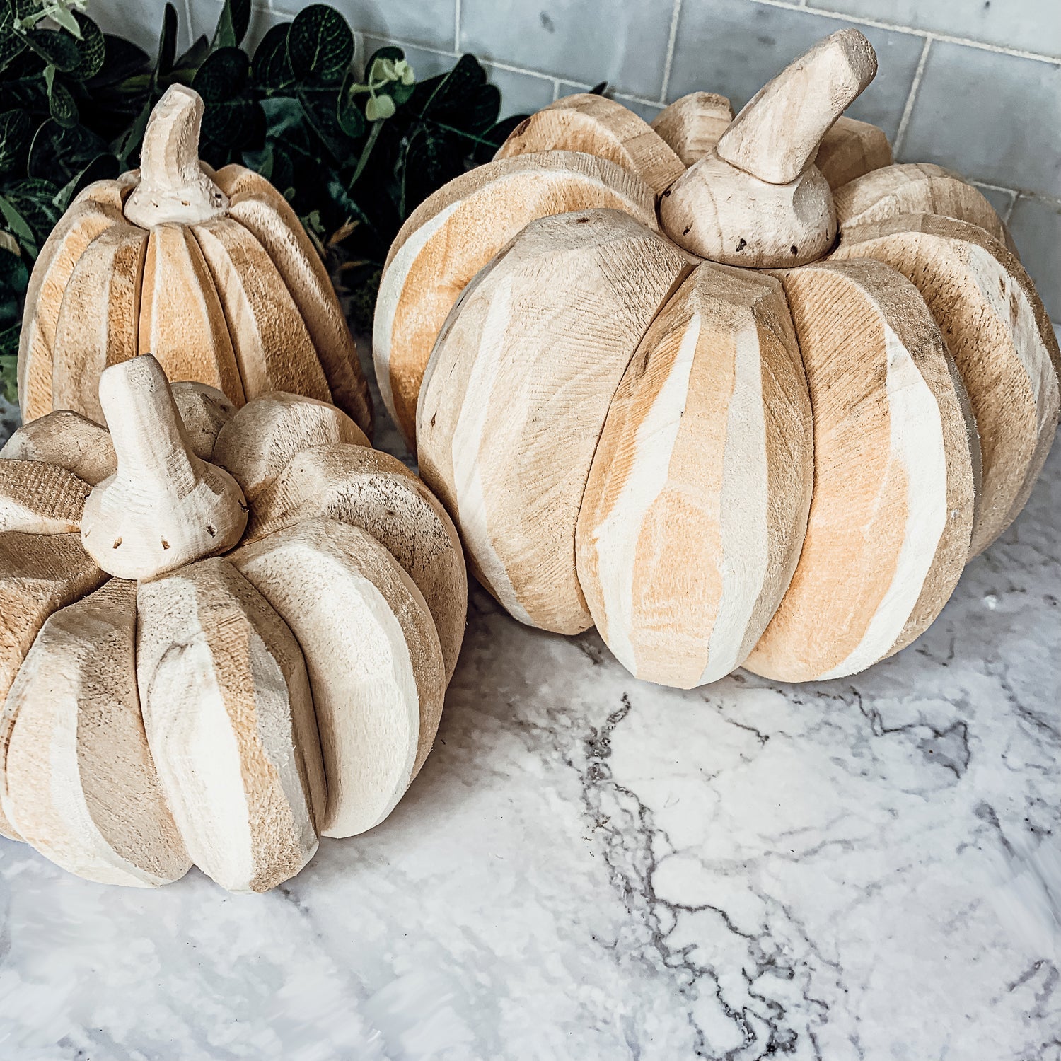 Ivory rustic wooden pumpkin trio for elegant fall home decor