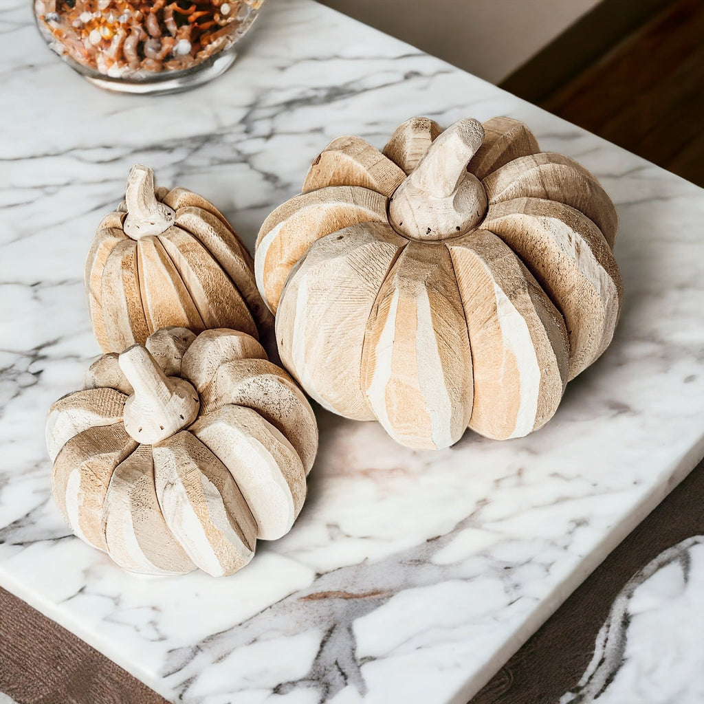 Ivory rustic wooden pumpkin trio for elegant fall home decor
