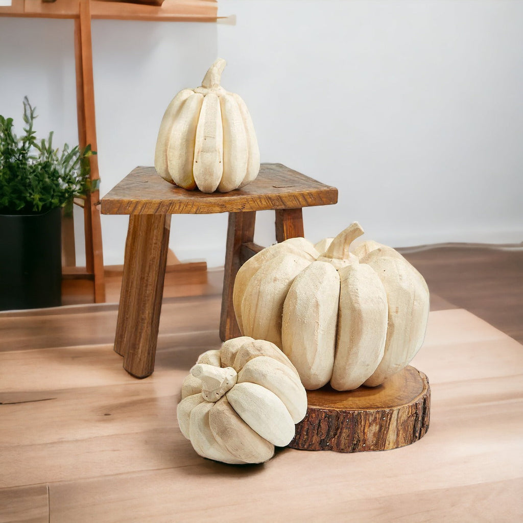 Ivory rustic wooden pumpkin trio for elegant fall home decor