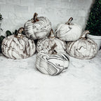 Black and white marble pumpkin decor with silver stems for elegant fall home decor