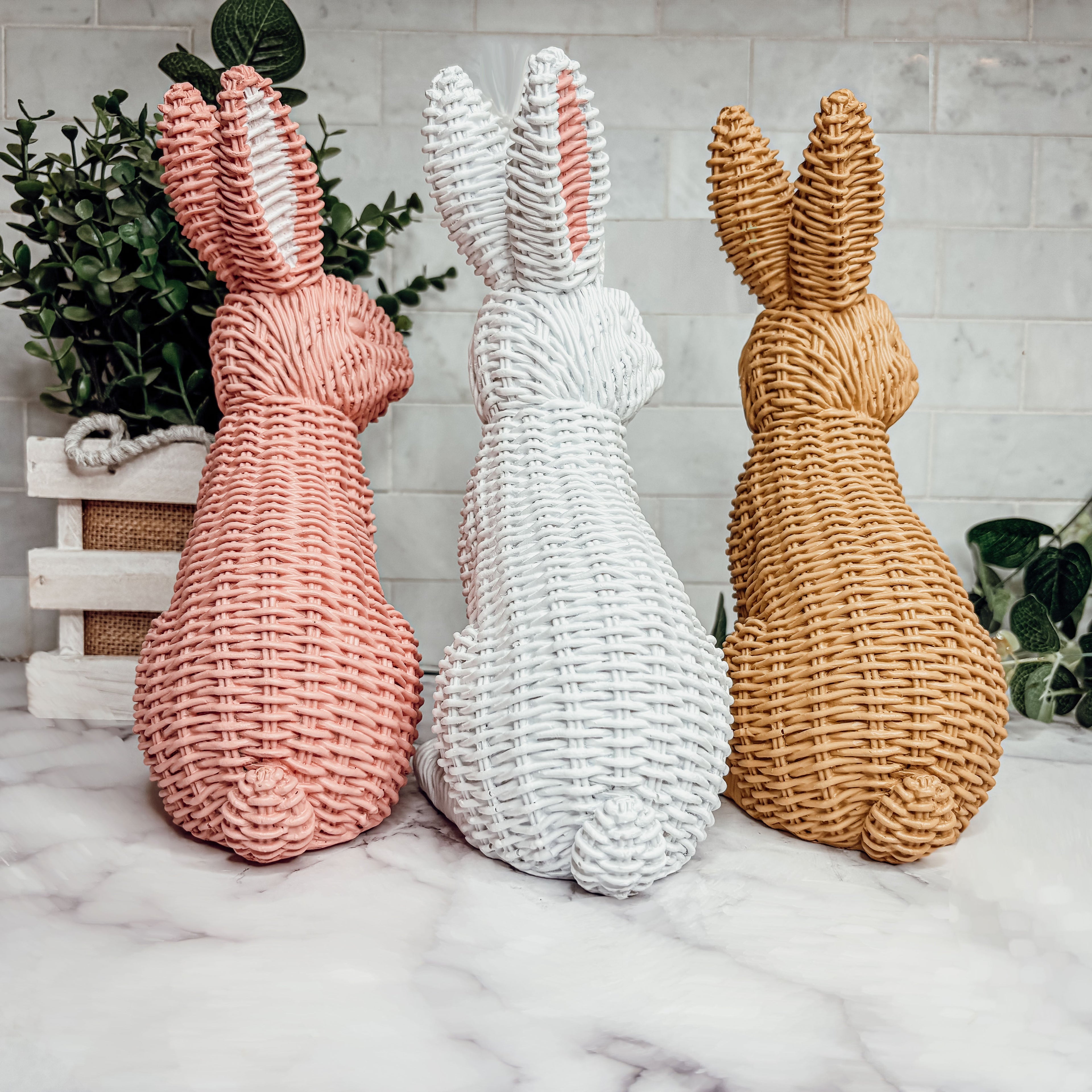 Woven Easter bunny figurines in pink, white and tan for elegant spring home decor