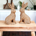 Woven Easter bunny figurines in pink, white and tan for elegant spring home decor