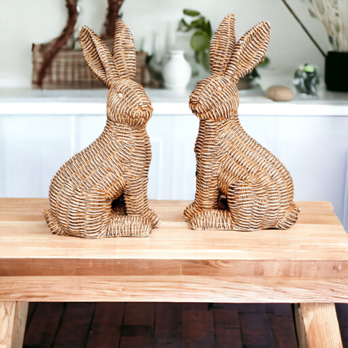 Woven Easter bunny figurines in pink, white and tan for elegant spring home decor
