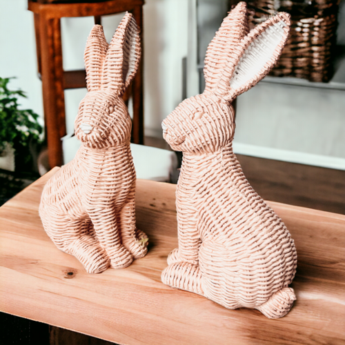 Woven Easter bunny figurines in pink, white and tan for elegant spring home decor