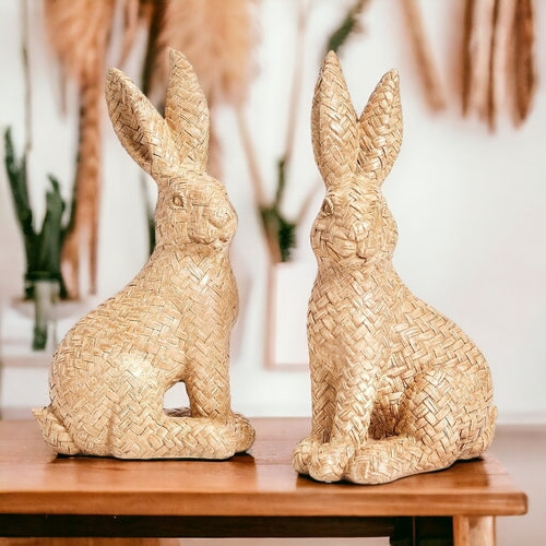 Woven Easter bunny figurines in pink, white and tan for elegant spring home decor