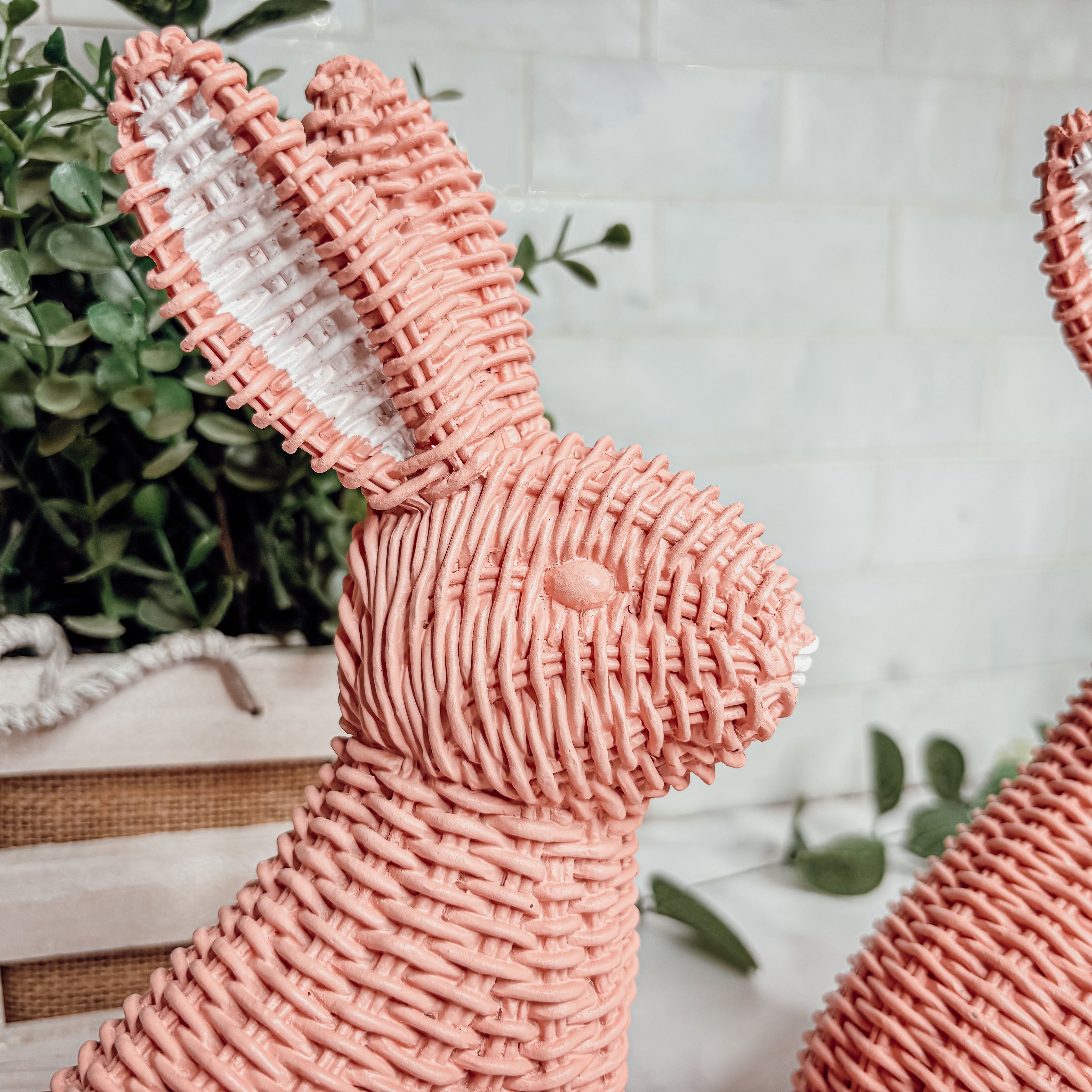 Woven Easter bunny figurines in pink, white and tan for elegant spring home decor