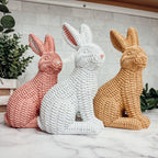Woven Easter bunny figurines in pink, white and tan for elegant spring home decor